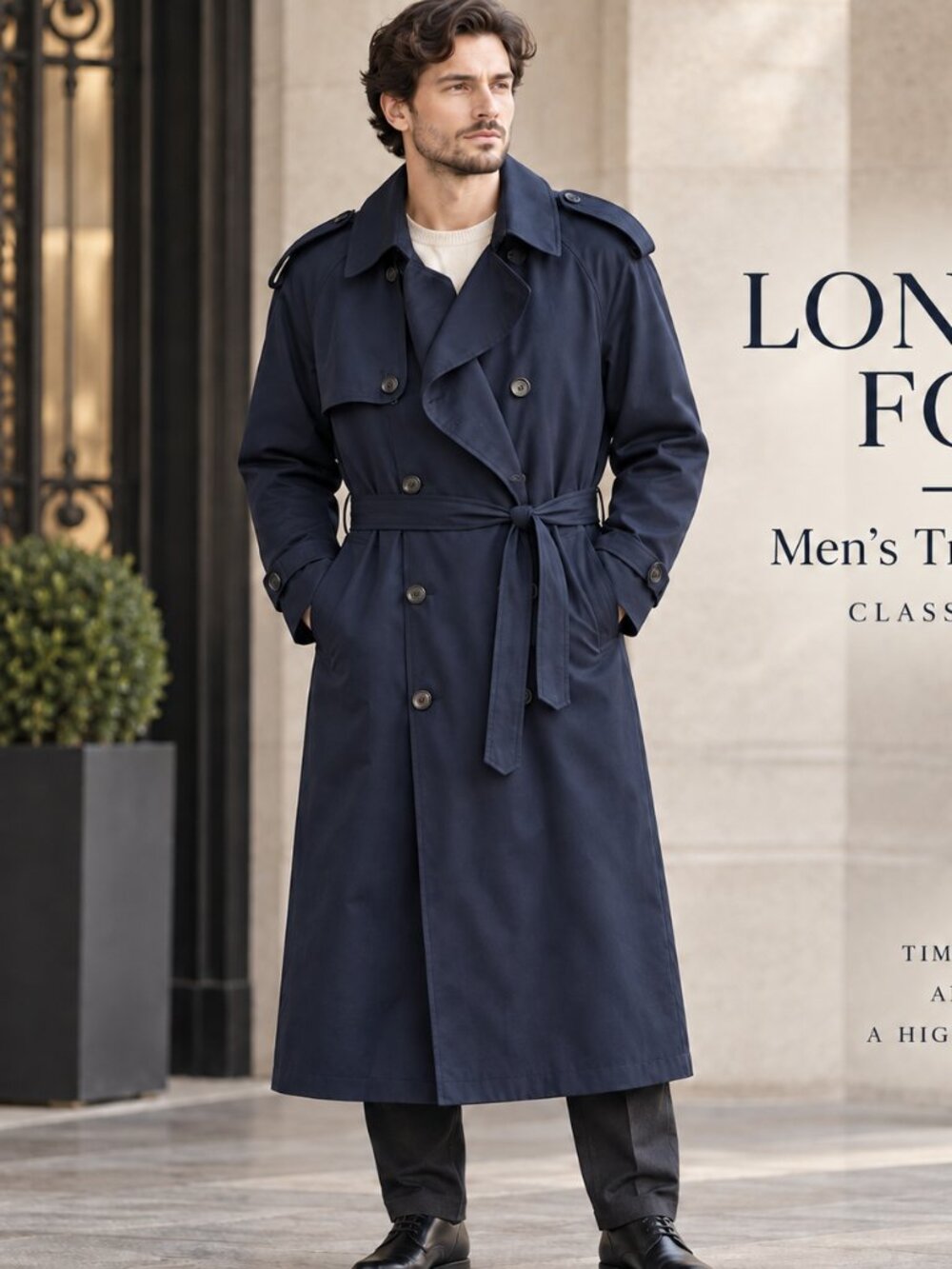 London Fog Men’s 38 Short Dark Navy Belted Double Breasted Long Trench Coat